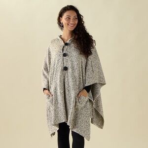 NEW Le Moda Beige Black Marled Button Front Oversized Poncho Sweater One Size